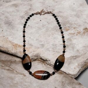 Black Onyx ,Quartz and Copper Beaded Necklace